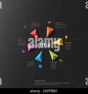 Vector dark multipurpose Infographic template with title and six triangle pointers elements heading to the center with the infographic title. Multipur Stock Vector