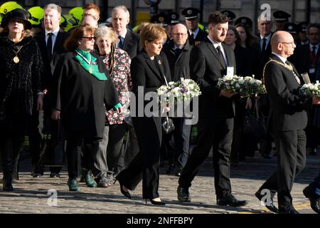 Edinburgh, Scotland, UK. 17 February 2023. The public and firefighters pay respects at funeral of firefighter Barry Martin at St Giles Cathedral on the Royal Mile in Edinburgh today. Mr Martin died following a fire at former Jenners department store which was being redeveloped at the time of the fire. Pic; First Minister Nicola Sturgeon arrives at St Gile Cathedral. Iain Masterton/Alamy Live News Stock Photo