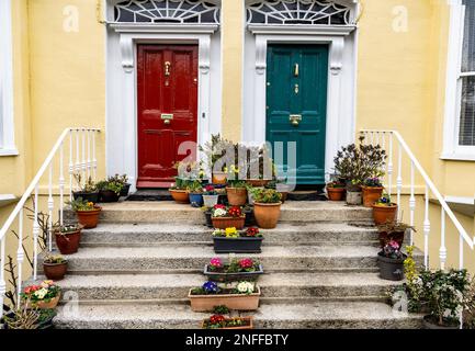 Red and Green doors in elegant townhouses Stock Photo