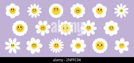 Groovy daisy flowers face collection. Retro chamomile smiles in cartoon  style. Happy stickers set from 70s. Vector graphic illustration Stock  Vector Image & Art - Alamy