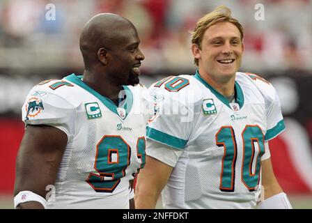 Miami Dolphins Chad Pennington (10) reacts while playing wide receiver in  the fourth quarter against the New York Jets at Giants Stadium in East  Rutherford, New Jersey on December 28, 2008. The