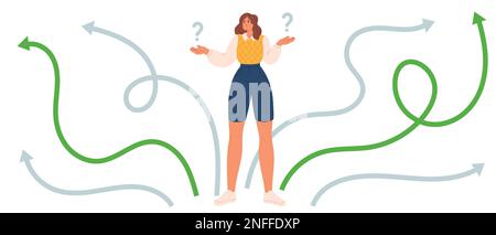 Career path search. Woman making decision way career. Choose path in business. Flat vector illustration Stock Vector