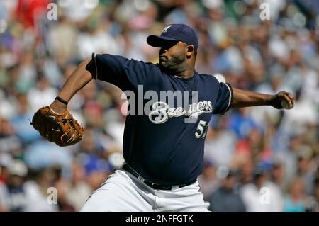 Milwaukee Brewers starting pitcher CC Sabathia throws during the first  inning of a baseball game against the Chicago Cubs Sunday, Sept. 28, 2008,  in Milwaukee. (AP Photo/Morry Gash Stock Photo - Alamy