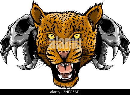 Leopard head with skull in vector, Panthera pardus, big cat, wild animal Stock Vector