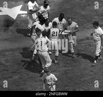 Reggie Smith of the St. Louis Cardinals is congratulated by coach George  Sparky Anderson and the Cincinnati Reds as he heads home after hitting a  home run during the 7th inning of