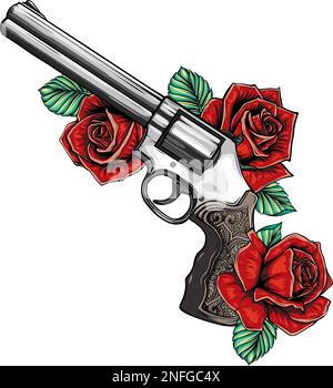 Gun and rose colored illustration for tattoo and design T-shirts and other items. Stock Vector