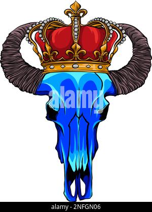 vector illustration of a bull skull wearing a crown with diamonds made in hand drawn cartoon style Stock Vector