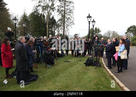 Gavin Robinson MP (right), Emma Little-Pengelly MLA (2nd from right), Gordon Lyons MLA (3rd from right) and Sir Jeffrey Donaldson MP (4th from right) speak to the media outside the Culloden Hotel in Belfast, where Prime Minister Rishi Sunak was holding talks with Stormont leaders over the Northern Ireland Protocol. Picture date: Friday February 17, 2023. Stock Photo