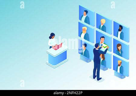 Isometric vector of HR people reviewing online employee candidates for job positions in a company Stock Vector