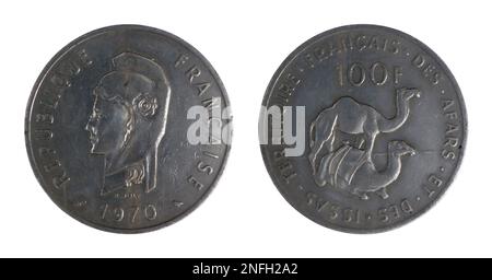 French coin of hundred francs minted in 1970 with head of Marianne and date on the left side and a the text 'Territoire Français des Affars et Issas' Stock Photo