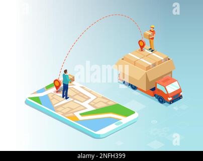 Online shopping and delivery concept. Vector of a man shopping online using mobile app and a product being delivered Stock Vector