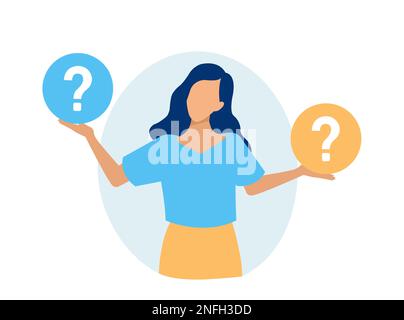 Vector of a puzzled young woman in doubt thinking, analyzing two options. Stock Vector