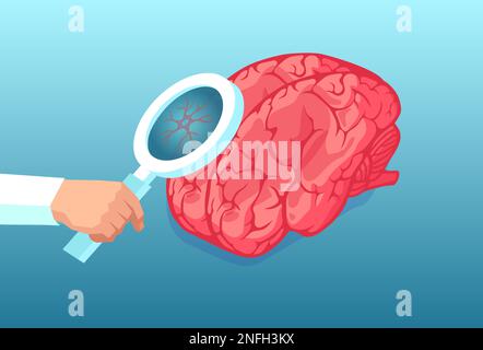 Vector of a doctor researcher hand with magnifying glass analyzing human brain and neuronal network Stock Vector