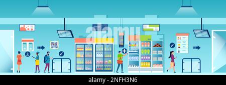 Vector of people shopping at the fully automated AI convenience or grocery store using mobile app to access, purchase items and checkout Stock Vector