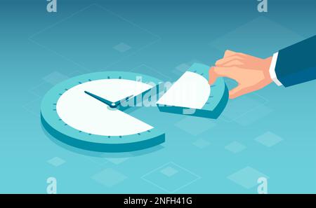 Vector of a business man hand stealing a slice of a clock. Time management concept Stock Vector