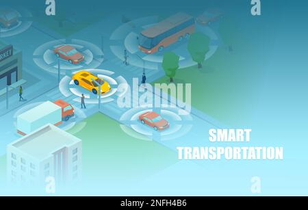 Isometric vector of a smart transportation, people and vehicles moving in the city streets using sensors and iot. Smart modern city and transport conc Stock Vector