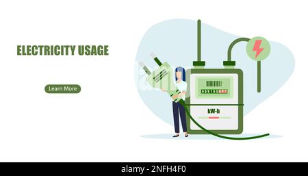 Vector of a woman unplugging household appliances to reduce and save energy consumption at home. Stock Vector