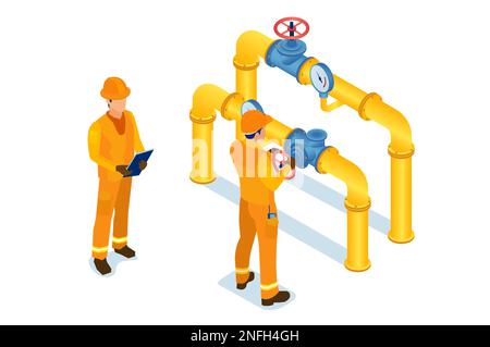 Isometric vector of a gas industry maintenance men opening or closing pipeline valve. Gas industry, gas transport system concept Stock Vector