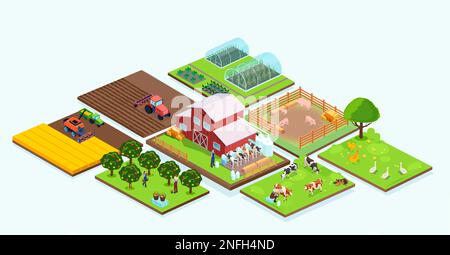 Isometric vector of an agricultural farm buildings, barn, orchard, grain harvest, animals and farmers Stock Vector