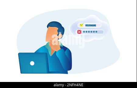 Vector of a young man looking confused, forgot his password, laptop login, access denied Stock Vector