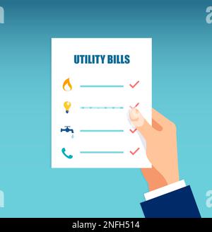 Vector of a hand holding sheet with utility bills on blue background Stock Vector