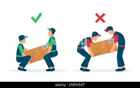 Objects lifting technique concept. Vector of movers workers load heavy boxes safety with correct body ergonomic positions vs wrong posture Stock Vector