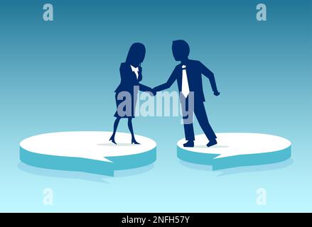 Vector of a businessman and a businesswoman standing on speech bubbles and handshake Stock Vector