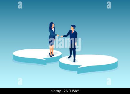 Vector of a business man and a woman standing on a speech bubbles extending hands for a handshake Stock Vector