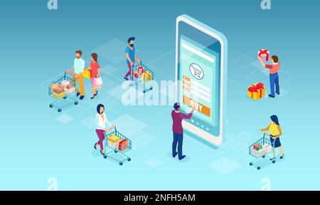 Isometric vector of people shopping online using mobile app technology Stock Vector