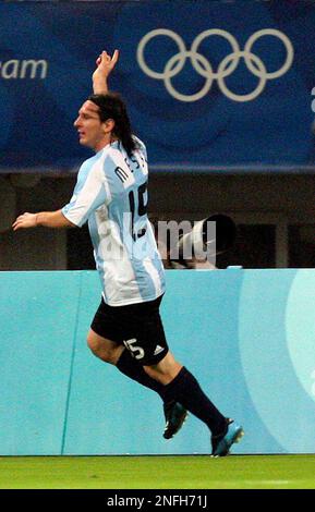 Lionel Messi after scoring at the 2008 Olympic Games in a game against
