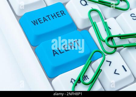 Hand writing sign Weather Alert. Word for urgent warning on the state of the atmosphere at a place and time Stock Photo