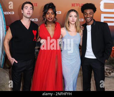 Westwood, United States. 16th Feb, 2023. WESTWOOD, LOS ANGELES, CALIFORNIA, USA - FEBRUARY 16: Austin North, Carlacia Grant, Madelyn Cline and Jonathan Daviss arrive at the Los Angeles Premiere Of Netflix's 'Outer Banks' Season 3 held at the Regency Village Theatre on February 16, 2023 in Westwood, Los Angeles, California, United States. (Photo by Xavier Collin/Image Press Agency) Credit: Image Press Agency/Alamy Live News Stock Photo