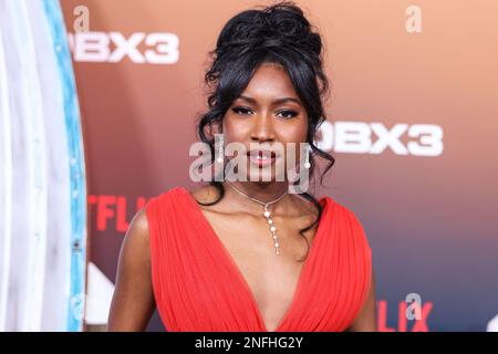 Westwood, United States. 16th Feb, 2023. WESTWOOD, LOS ANGELES, CALIFORNIA, USA - FEBRUARY 16: Carlacia Grant arrives at the Los Angeles Premiere Of Netflix's 'Outer Banks' Season 3 held at the Regency Village Theatre on February 16, 2023 in Westwood, Los Angeles, California, United States. (Photo by Xavier Collin/Image Press Agency) Credit: Image Press Agency/Alamy Live News Stock Photo