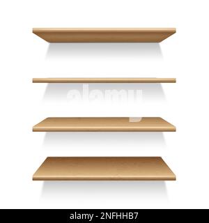 Mock-up of four wooden shelves on the wall, in perspective. Shelving for storage, template for advertising. Isolated on white background vector Stock Vector