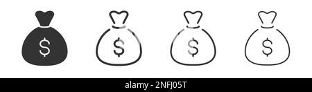 Dollar money bag icons collection in two different styles and different stroke. Vector illustration EPS10 Stock Vector