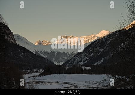 The valley of Bernina near Pontresina in evening light in winter Stock Photo