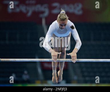 German gymnast Marie-Sophie Hindermann performs at the uneven bars during podium training ahead of the Beijing 2008 Olympics in Beijing, Thursday Aug. 7, 2008. (AP Photo/Julie Jacobson)