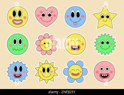 Set of cool colorful groovy retro stickers. Happy trendy hippie smiling face patch collection. Vector illustration Stock Vector