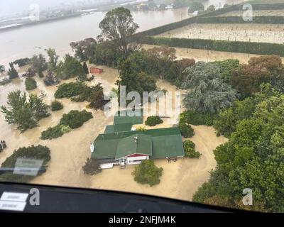 (230217) -- WELLINGTON, Feb. 17, 2023 (Xinhua) -- This aerial photo provided by the New Zealand Defense Force (NZDF) on Feb. 16, 2023 shows the flood scene in Hawke's Bay, New Zealand. Unprecedented floods and landslides have left eight people dead and more than 3,500 others missing as Cyclone Gabrielle lashes New Zealand's North Island this week. (NZDF/Handout via Xinhua) Stock Photo