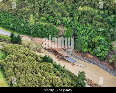 (230217) -- WELLINGTON, Feb. 17, 2023 (Xinhua) -- This aerial photo provided by the New Zealand Defense Force (NZDF) on Feb. 16, 2023 shows the flood scene in Hawke's Bay, New Zealand. Unprecedented floods and landslides have left eight people dead and more than 3,500 others missing as Cyclone Gabrielle lashes New Zealand's North Island this week. (NZDF/Handout via Xinhua) Stock Photo