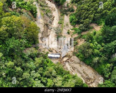 (230217) -- WELLINGTON, Feb. 17, 2023 (Xinhua) -- This aerial photo provided by the New Zealand Defense Force (NZDF) on Feb. 16, 2023 shows the flood scene in Hawke's Bay, New Zealand. Unprecedented floods and landslides have left eight people dead and more than 3,500 others missing as Cyclone Gabrielle lashes New Zealand's North Island this week. (NZDF/Handout via Xinhua) Stock Photo
