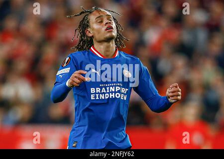 Xavi Simons of PSV Eindhoven  during the UEFA Europa League match, Play-off, 1st leg between Sevilla FC and PSV Eindhoven played at Ramon Sanchez Pizjuan Stadium on February 16, 2023 in Sevilla, Spain. (Photo by Antonio Pozo / PRESSIN) Stock Photo