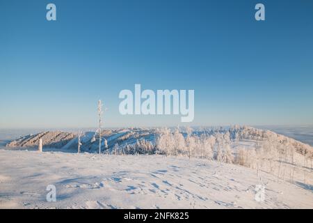 Breathtaking morning gentle light illuminates the mountains under a blanket of snow and part of the forest covering the mountain. Beskydy mountains, C Stock Photo