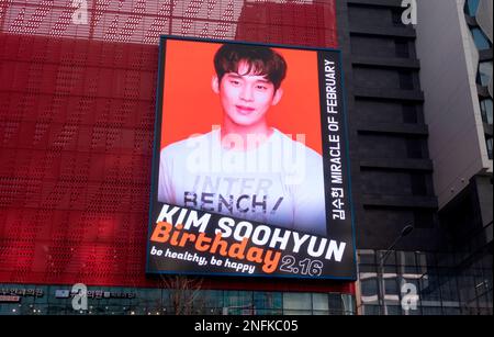 Kim Soo-Hyun's birthday, Feb 17, 2023 : A LED screen advertisement arranged by South Korean actor Kim Soo-Hyun's fans to celebrate his birthday is seen on a building in central Seoul, South Korea. Credit: Lee Jae-Won/AFLO/Alamy Live News Stock Photo