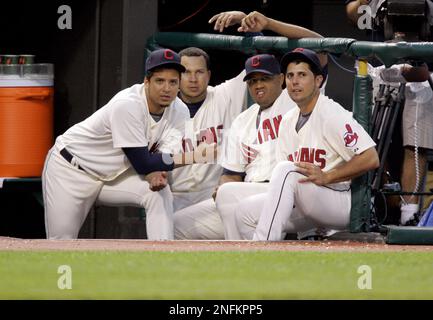 Cleveland Indians' Victor Martinez waits for play to resume