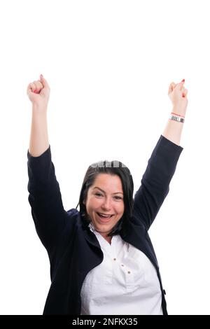 Happy cheerful female entrepreneur smiling making celebrating success gesture using fists with blank copyspace for advertising isolated on white backg Stock Photo