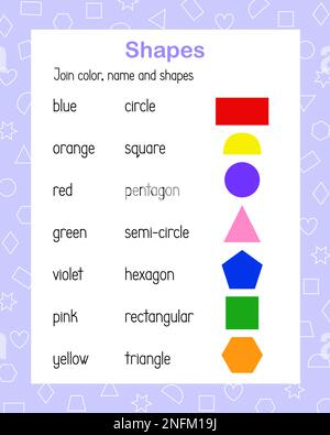Color, names and geometric shapes colorful images matching game vector illustration, activities for children printable worksheet, educational puzzle, teachers resources Stock Vector