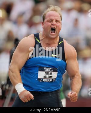 Adam Nelson of the United States reacts during the final of the Men's shot  put at the 10th World Athletics Championships in Helsinki, Saturday Aug. 6,  2005. (AP Photo/Martin Meissner Stock Photo 