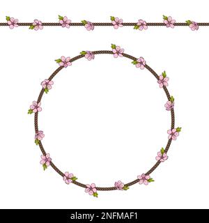 Seamless pattern with net of the cord and pink spring flowers. Colored vector background with objects on white. Stock Vector
