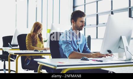 Programming, computer or hacker man for cybersecurity, app coding or data analysis in office. Programmer, developer or employee typing on tech for Stock Photo